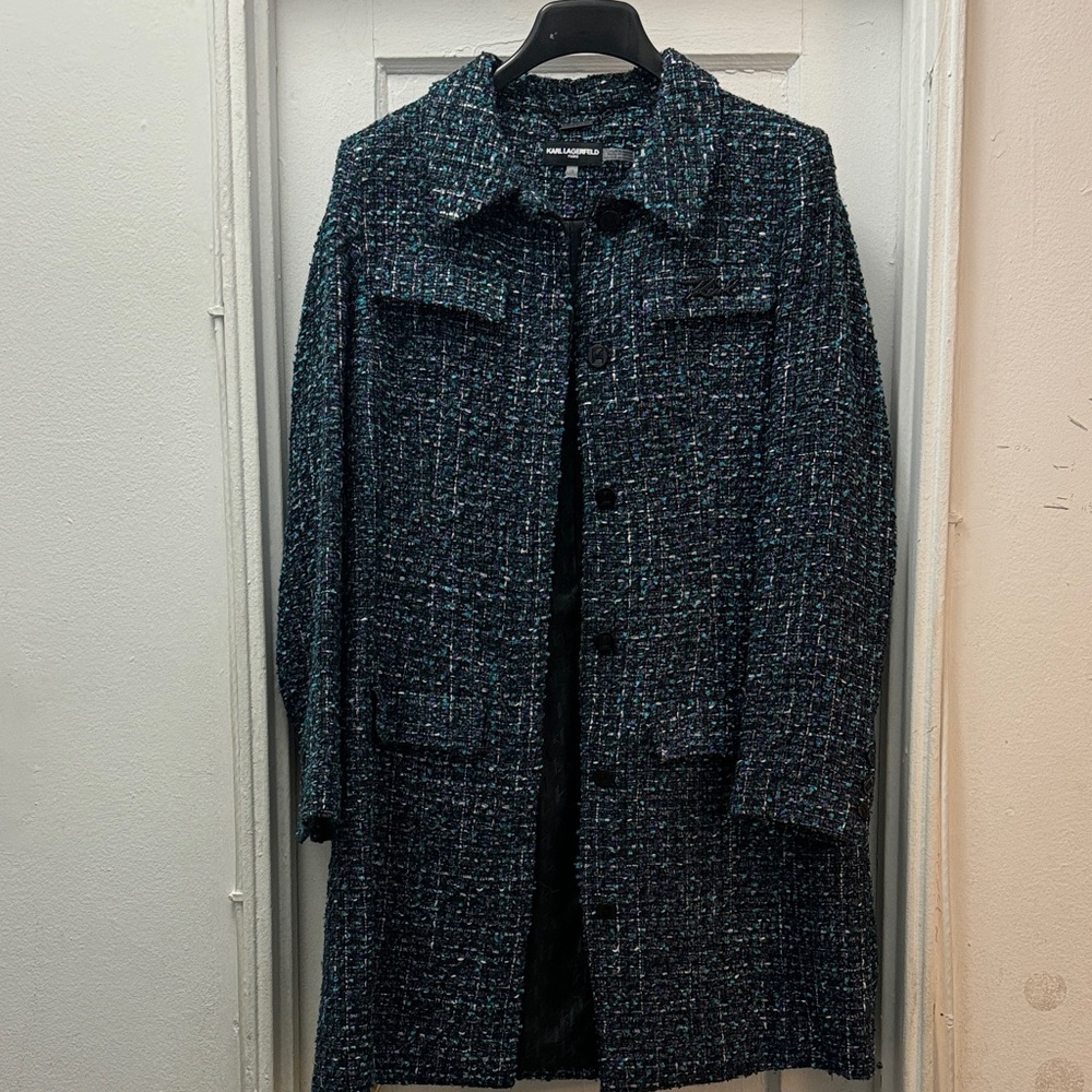 Karl Lagerfeld Teal & Black Tweed Coat with Subtle Metallic Threads